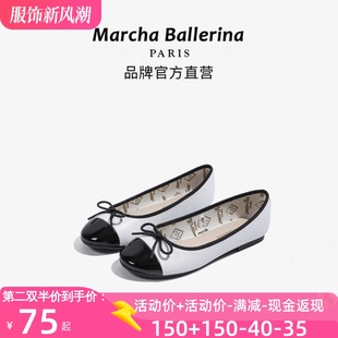 marcha小香风玛丽珍鞋，黑白拼色平底单鞋女休闲浅口蝴蝶结芭蕾舞鞋