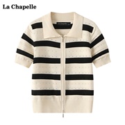 拉夏贝尔/La Chapelle设计感条纹翻领拉链针织开衫女夏季短袖上衣