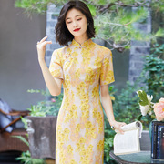 2023夏装优雅修身雪纺印花日常改良旗袍裙子黄色连衣裙女装