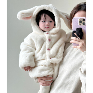 ins韩版冬季婴幼儿可爱毛绒，加厚兔子外套+大pp裤女宝宝保暖外出服