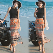 波西米亚沙滩裙民族风复古半长裙一片式高腰，开叉泰国花半身裙子女