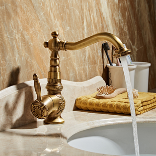 全铜仿古水龙头卫生间冷热复古欧式洗手盆台上盆面盆洗脸池浴室柜