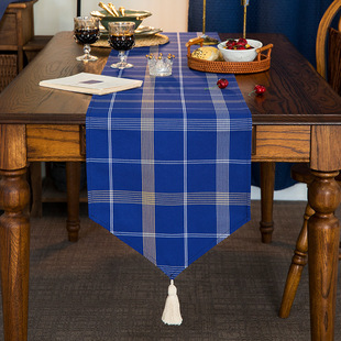 欧式格子布艺桌旗长方形地中海蓝长条，茶几布桌布(布桌布，)茶台装饰茶旗茶席