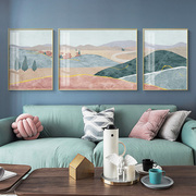 三联画客厅风轻奢抽象墙面，北欧现代简约粉色背景墙艺术装饰画沙发