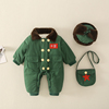 婴儿棉服东北军绿色连体衣加厚夹棉小月龄一岁宝宝秋冬新军大衣服
