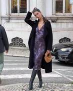 紫色豹纹深V领连衣裙 100%真丝印花复古显白系带桑蚕丝性感度假风