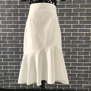 2021春季不规则白色半身裙鱼尾裙荷叶边长款包臀高腰雪纺裙子