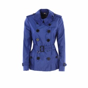 英国高奢女款蓝色防水双排扣系带收腰夹克，外套贸易公司样衣