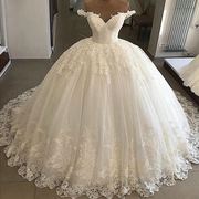 主婚纱大拖尾欧美跨境白色长款V领法式显瘦复古蕾丝婚纱工厂
