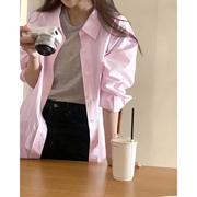 陆续!高级感春日衬衫~韩国东大门翻领单排扣宽松长袖粉色衬衣女