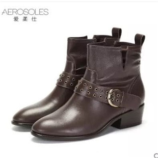 Aerosoles/爱柔仕春秋牛皮皮带扣尖头软皮中跟套筒英伦风女靴5003