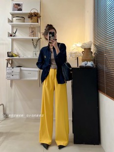 女装韩版复古休闲衬衫款牛仔外套搭配高腰亮色黄色长裤