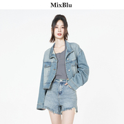 Mixblu蓝色复古牛仔外套女秋季2023设计感小众气质小个子上衣