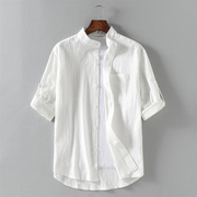 夏季男士七分袖亚麻衬衫，宽松薄款透气纯色，棉麻衬衣男白色柔软