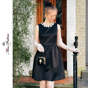 mp英伦复古原创设计赫本风，缎面显瘦高腰，无袖小黑裙礼服裙连衣裙