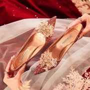 2024红色婚鞋新娘鞋中式秀禾敬酒服法式水晶细高跟鞋女不累脚