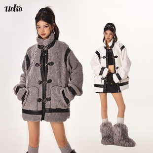 UEKO冬季欧美立领中长款羊羔毛棉衣棉服女个性皮扣羊羔绒加厚外套