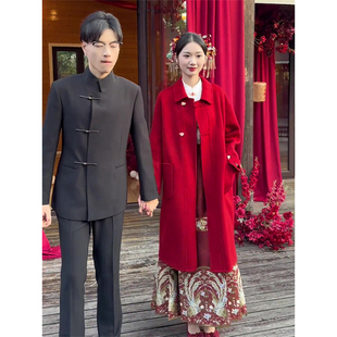 2024新娘订酒结婚红色大衣呢子高级感新中式毛呢外套女秋冬季