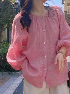 法式树莓粉色八分袖圆领衬衫女2024春夏季薄防晒气质显瘦上衣