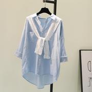 蓝色棉麻衬衫配蕾丝披肩两件套女春季韩范文艺衬衣上衣潮