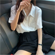日系大码短袖衬衫女夏装设计感小众百搭白色衬衣复古薄款宽松上衣
