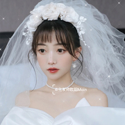 新娘头饰森系超仙白色花朵发夹，韩式简约唯美绢纱头花，婚礼白纱配饰