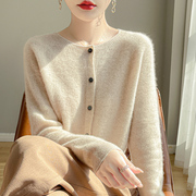 100%纯羊绒开衫女圆领一线，成衣提花长袖针织衫，毛衣宽松羊毛衫外套