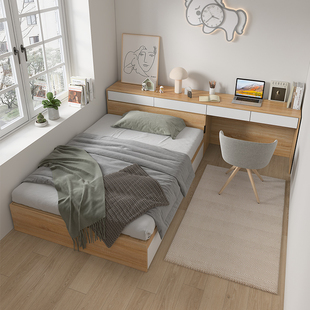 小户型榻榻米床书桌一体组合小卧室单人床储物收纳床房间现代简约