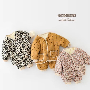 婴幼儿加绒加棉两件套男女宝宝冬季韩版时尚豹纹加厚棉衣套装