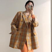 韩国chic复古气质翻领撞色格纹双口袋设计感两粒扣长袖西装外套女