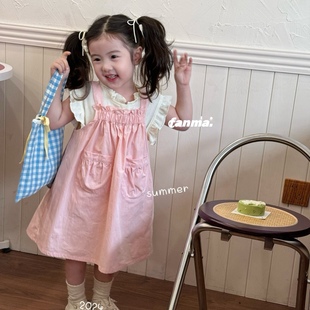 凡妈童装2024夏季韩系女童，宝宝小童洋气棉布，吊带连衣裙两件套