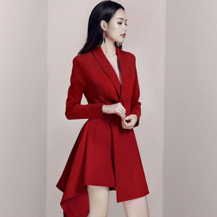 长袖红色小礼服裙子西装，连衣裙西服女时尚，高腰气质春秋不规则韩版