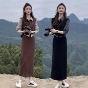 欧货气质减龄时尚套装女秋季小个子衬衫马甲上衣半身裙显瘦两件套