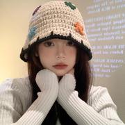可爱星星针织渔夫帽女秋冬季韩版显脸小手工毛线，帽子大头围水桶帽