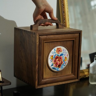 北美黑胡桃实木桌面收纳盒，中式复古手提抽屉式木质，化妆盒首饰盒