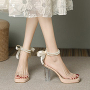 12cm超高跟鞋珍珠时尚透明水晶跟粗跟防水台凉鞋女款百搭模特走秀
