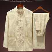 2024中式国风春夏季冰丝人唐装，男长袖套装装丝质，衬衫晨练服汉服