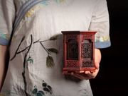 复古中国风创意木质毛笔桶 实木雕刻工艺品摆件 六角镂空红木笔筒