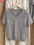 品牌折扣外贸女装韩系灰色气质百搭高级感针织V领短袖t恤上衣