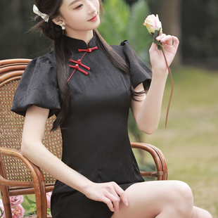 黑色旗袍新中式国风年轻夏季泡泡袖A版显瘦连衣裙小个子短款