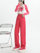 粉红色刺绣直筒牛仔裤女2024春季梨形身材大码高腰显瘦窄版阔腿裤