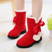 女童靴子2023冬季加绒加厚儿童雪地靴红色黑色女孩棉靴中筒靴