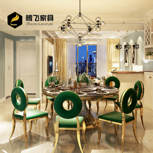 轻奢法式高端大理石餐桌椅，组合带转盘，欧式客厅家用圆形吃饭桌