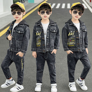 男童春秋牛仔套装2023儿童中大童连帽帅洋气时髦韩版两件套潮