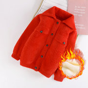 4岁6男童女童毛衣外套，开衫红色秋冬装儿童，宝宝加绒加厚水貂绒