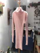 2023 粉色甜美清新优雅高领气质弹力修身包臀兔羊毛连衣裙