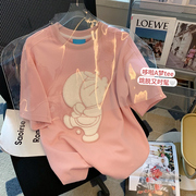粉色植绒卡通100%纯棉短袖t恤女夏季ins潮设计感宽松半袖上衣