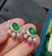 18k金配南非钻石珍珠镶嵌女款1.6克拉天然祖母绿耳环耳钉真金真钻