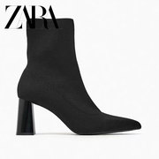 2024冬季ZA女鞋尖头高跟复古针织短靴粗跟休闲弹力瘦瘦时装袜靴子