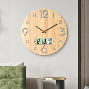 北欧客厅静音大挂钟万年历温度时钟简约现代创意木纹木质石英钟表